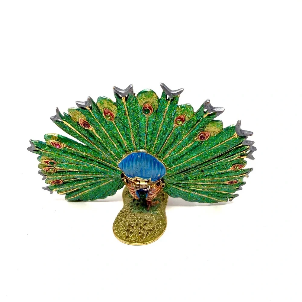 Peacock Trinket Box Enameled Rhinestone Bejeweled Jewelry Holder Green Gold VTG